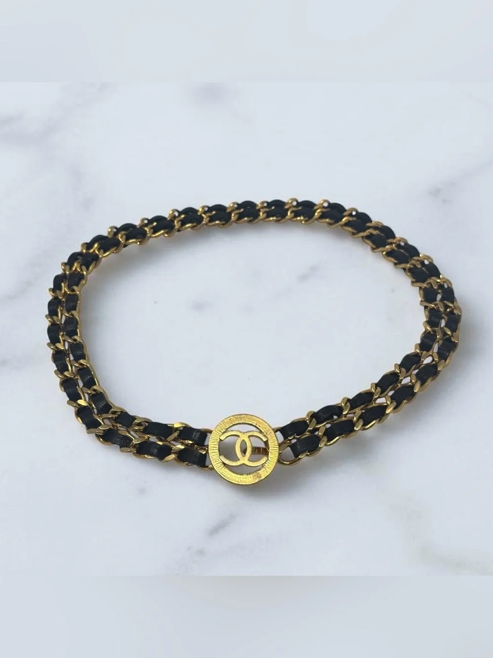 ✨🛍️ Chanel Black Leather Woven Gold-Plated Belt